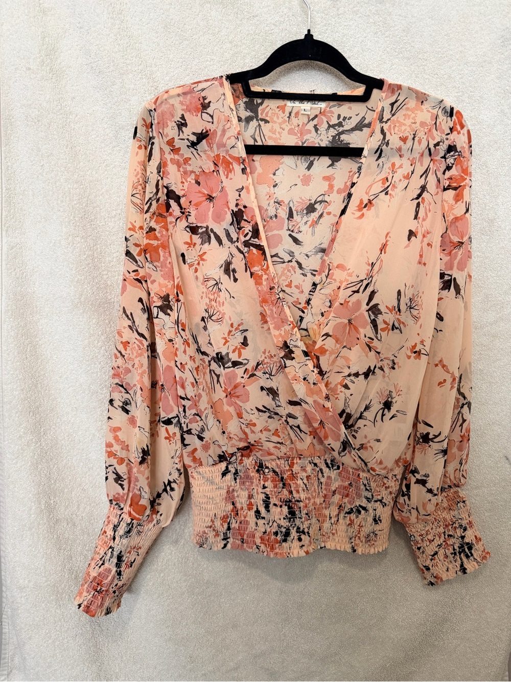 On The Road Peach Floral Wrap-Style Blouse